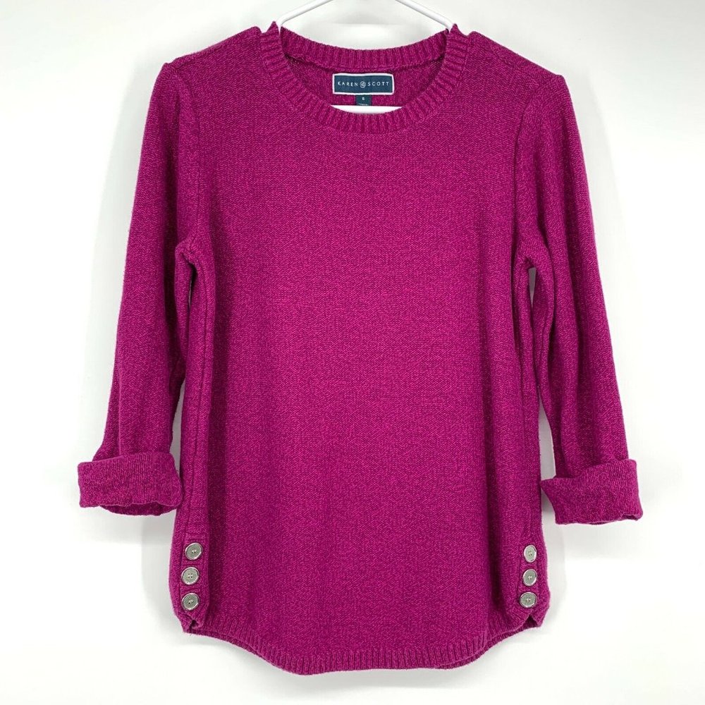 Karen Scott Sweater Purple Crewneck Pullover Rolled Cuff 3/4 Sleeve - Picture 1 of 10